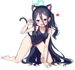Rule 34 | 1girl, absurdres, animal ear fluff, animal ears, aris (blue archive), bad id, bad pixiv id, bare shoulders, black legwear, black one-piece swimsuit, blue archive, blue eyes, blue hair, blush, breasts, cat ears, cat tail, claw pose, collarbone, full body, groin, hair between eyes, hairband, hand up, heart, highres, long hair, long hair between eyes, looking at viewer, navel, new school swimsuit, one-piece swimsuit, open mouth, salukino, school swimsuit, side ponytail, simple background, small breasts, smile, solo, swimsuit, tail, teeth, topless, upper teeth only, very long hair, white background
