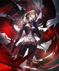 1girl black_pants black_sleeves blonde_hair breasts cleavage cowboy_shot feathered_wings hair_over_one_eye hip_vent long_hair looking_at_viewer medium_breasts mole mole_under_mouth multiple_wings nijihara official_art pants pointy_ears ponytail purple_eyes red_lips red_wings shadowverse standing valnareik_(shadowverse) wings