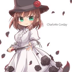 Rule 34 | 1girl, braid, brown hair, character name, charlotte corday (fate), charlotte corday (third ascension) (fate), dress, fate/grand order, fate (series), flower, green eyes, hat, hat flower, knife, long dress, petals, shio kuzumochi, smile, solo