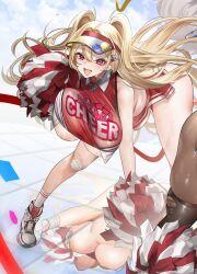 Rule 34 | 1girl, absurdres, blonde hair, blush, breasts, cheerleader, clay (nikke), goddess of victory: nikke, highres, huge breasts, leaning forward, long hair, looking at viewer, open mouth, pom pom (cheerleading), red eyes, skirt, smile, solo focus, teddy (khanshin), unaligned breasts