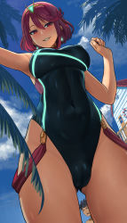 Rule 34 | 1boy, 1girl, armor, armpits, bare shoulders, beach house, black hair, black one-piece swimsuit, blue sky, blush, breasts, cameltoe, circlet, cleft of venus, cloud, commentary, competition swimsuit, covered erect nipples, covered navel, day, earrings, from below, gluteal fold, grin, hair between eyes, head tilt, highres, jewelry, large breasts, lasterk, lens flare, looking at viewer, looking down, nintendo, one-piece swimsuit, open mouth, parted lips, pyra (pro swimmer) (xenoblade), pyra (xenoblade), red eyes, red hair, rex (xenoblade), short hair, shoulder armor, sidelocks, skin tight, sky, smile, solo focus, standing, swept bangs, swimsuit, teeth, thighs, tiara, water, xenoblade chronicles (series), xenoblade chronicles 2
