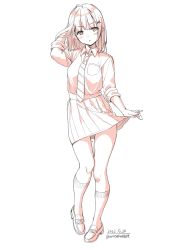 Rule 34 | 1girl, :o, blush, clothes lift, collared shirt, dated, hand in own hair, hand up, highres, loafers, long sleeves, looking at viewer, medium hair, monochrome, necktie, original, parted lips, pleated skirt, school uniform, shirt, shoes, signature, skirt, skirt lift, socks, solo, standing, unasaka ryou, white background