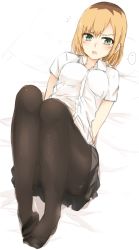 Rule 34 | 1girl, black pantyhose, blonde hair, blush, brown hair, collared shirt, dress shirt, feet, feet together, full body, green eyes, grey skirt, looking at viewer, lying, miniskirt, miyamori aoi, multicolored hair, no shoes, on back, open mouth, pantyhose, pleated skirt, roots (hair), shirobako, shirt, short hair, short sleeves, simple background, sketch, skirt, solo, speech bubble, tahita1874, two-tone hair, white background, white shirt, wing collar
