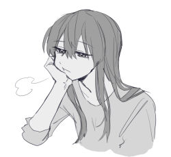 Rule 34 | 1girl, azuma (magi-inazuma), breath, closed mouth, commentary request, greyscale, hand on own chin, long hair, long sleeves, monochrome, original, shirt, solo, upper body