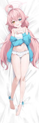 1girl :d absurdres ahoge barefoot bikini blue_archive blue_eyes blue_jacket blush commentary_request fang heterochromia highres hoshino_(blue_archive) hoshino_(swimsuit)_(blue_archive) incredibly_absurdres jacket looking_at_viewer low_twintails lying mistel_(sukebemistel) official_alternate_costume on_back open_clothes open_jacket open_mouth skin_fang smile solo swimsuit toenails toes twintails white_bikini yellow_eyes