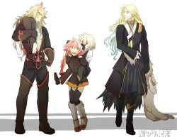 Rule 34 | ass, astolfo (fate), beard, black legwear, blonde hair, blue eyes, braid, carrying, dark skin, dark-skinned male, facial hair, fate/apocrypha, fate (series), full body, garter straps, green eyes, hair ribbon, long hair, looking at another, looking at viewer, male focus, mine (odasol), multiple boys, navel, nude, open mouth, pale skin, piggyback, pink hair, purple eyes, red eyes, ribbon, short hair, sieg (fate), siegfried (fate), simple background, single braid, smile, thighhighs, trap, vlad iii (fate/apocrypha), white hair