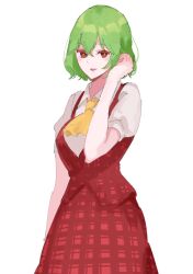Rule 34 | 1girl, ascot, breasts, collared shirt, commentary request, green hair, hand in own hair, highres, kazami yuuka, large breasts, looking at viewer, plaid, plaid skirt, plaid vest, red eyes, red skirt, red vest, shirt, short hair, short sleeves, simple background, skirt, smile, solo, tohoyuukarin, touhou, vest, white background, white shirt, yellow ascot
