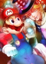 Rule 34 | 2boys, blonde hair, blue eyes, bow, bowtie, brown hair, bubble, caesar anthonio zeppeli, crossover, facial hair, facial mark, gloves, green eyes, hat, highres, jojo no kimyou na bouken, mario, mario (series), multiple boys, mustache, name connection, nintendo, one eye closed, overalls, red shirt, shirt, smoking pipe, striped clothes, striped shirt, super mario bros. 1, toma &#039;3&#039;, top hat, white gloves, wink