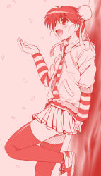 Rule 34 | 1girl, arm up, blush, bun cover, cherry blossoms, digdug006, double bun, eyebrows, hair bun, hand up, jacket, kanamori reiko, long sleeves, monochrome, open mouth, outdoors, pleated skirt, red theme, shirt, shoes, skirt, sneakers, solo, standing, striped clothes, striped shirt, thighhighs, thighs, tree, wrestle angels, wrestle angels survivor