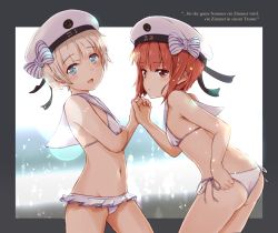 Rule 34 | 2girls, bare arms, bare shoulders, bikini, blonde hair, blue eyes, blush, brown eyes, clothes writing, cowboy shot, german text, groin, hat, highres, kantai collection, multiple girls, navel, open mouth, red hair, sailor bikini, sailor collar, sailor hat, shiki no miko, short hair, swimsuit, translated, white bikini, white headwear, white sailor collar, z1 leberecht maass (kancolle), z3 max schultz (kancolle)