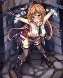 Rule 34 | 10s, 1girl, bdsm, black gloves, bondage, bound, brown hair, chain, clarisse (granblue fantasy), cuffs, gloves, granblue fantasy, green eyes, hair ribbon, highres, long hair, monikano, open mouth, panties, panty pull, ponytail, restrained, ribbon, solo, thighhighs, underwear