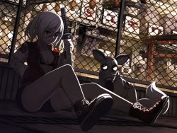 Rule 34 | 1girl, bra, converse, dog, eyepatch, fence, gas mask, hand in pocket, jacket, mask, open clothes, open jacket, original, scenery, shoes, shorts, silver hair, sitting, sneakers, sword, torigoe takumi, torii, twintails, underwear, weapon, yellow eyes