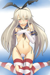 Rule 34 | 10s, 1girl, anchor, animal ears, bare shoulders, black panties, blonde hair, blush, covering breasts, covering crotch, covering privates, dateya torahachi, elbow gloves, fake animal ears, gloves, grey eyes, groin, hair ornament, hair ribbon, kantai collection, kneeling, knees together feet apart, long hair, looking at viewer, navel, no pants, panties, rabbit ears, ribbon, ribs, shimakaze (kancolle), shirt, silver hair, sitting, solo, striped clothes, striped thighhighs, tears, thigh gap, thighhighs, thong, torn clothes, torn ribbon, torn shirt, torn thighhighs, underwear, very long hair, wardrobe malfunction, wariza, wavy mouth, white gloves, wide hips