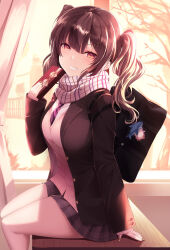 Rule 34 | 1girl, absurdres, bag, bag charm, blazer, blush, box, brown eyes, brown hair, charm (object), curtains, desk, gift, gift box, grin, hair ornament, hairclip, haruka natsuki, highres, holding, holding box, indoors, jacket, long hair, long sleeves, looking at viewer, nail polish, necktie, on desk, original, scarf, school bag, school uniform, sitting, smile, solo, striped necktie, sunlight, sweater, tree, twintails, valentine, window
