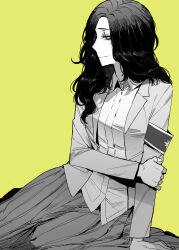 Rule 34 | 1girl, absurdres, armband, blush, closed mouth, greyscale with colored background, highres, jacket, long hair, long skirt, long sleeves, open clothes, open jacket, pieck finger, profile, ratatatat74, shingeki no kyojin, shirt, simple background, sitting, skirt, smile, solo, yellow background