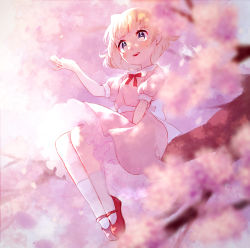 Rule 34 | 1girl, blonde hair, branch, cherry blossoms, dress, mother (game), mother 2, nintendo, paula (mother 2), pink dress, ribbon, shifumame, shoes, short sleeves, sitting on branch, smile, white legwear