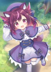 Rule 34 | 1girl, absurdres, blue bow, blue bowtie, blue corset, bow, bowtie, capelet, commentary request, commission, corset, dress, highres, hoenaki warg, indie virtual youtuber, kemamire, long sleeves, multicolored hair, open mouth, pink eyes, pink hair, purple capelet, purple hair, purple headwear, skeb commission, smile, solo, standing, standing on one leg, streaked hair, thighhighs, tree, virtual youtuber, white dress, white thighhighs