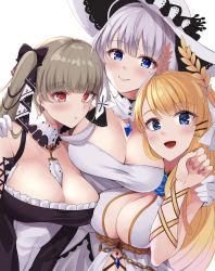 Rule 34 | 3girls, :d, absurdres, ahoge, azur lane, bare shoulders, between breasts, black dress, blonde hair, blue eyes, blue flower, blue gemstone, blue rose, blunt bangs, blush, breasts, brown nails, center opening, choker, cleavage, collarbone, commentary, dress, elbow gloves, flower, flower ornament, formidable (azur lane), frilled dress, frills, gem, gloves, gold trim, grey hair, hair ornament, hair ribbon, halterneck, hand up, hands on another&#039;s shoulders, hat, highres, illustrious (azur lane), lace-trimmed headwear, lace trim, large breasts, laurel crown, long hair, looking at viewer, mole, mole under eye, multiple girls, neckwear between breasts, open mouth, parted lips, red eyes, ribbon, rose, sidelocks, simple background, sitting, sleeveless, sleeveless dress, smile, strapless, strapless dress, sun hat, taut clothes, taut dress, tress ribbon, twintails, two-tone dress, two-tone ribbon, upper body, very long hair, victorious (azur lane), wee (weeyy), white background, white choker, white dress, white gloves, white hair, white headwear, wrist ribbon