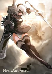 Rule 34 | black dress, black footwear, black gloves, blindfold, boots, breasts, cleavage, cleavage cutout, clothing cutout, commentary, dress, feather trim, full body, gloves, hairband, highres, holding, holding sword, holding weapon, huge weapon, lips, medium breasts, mole, mole under mouth, nier (series), nier:automata, puffy sleeves, short dress, short hair, simple background, smile, solo, sword, thigh boots, thighhighs, underwear, weapon, white hair, 2b (nier:automata), yoshio (55level)