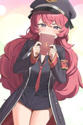Rule 34 | 1girl, black hat, black jacket, black shirt, black skirt, blue archive, blush, book, commentary, commission, hair between eyes, hat, highres, holding, holding book, iroha (blue archive), jacket, long hair, looking at viewer, necktie, purple eyes, red hair, red necktie, shirt, skirt, solo, thighs, twin (tt lsh)