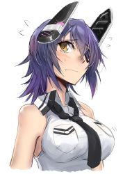 Rule 34 | 1girl, bad id, bad twitter id, black hair, black necktie, breast pocket, breasts, commentary request, eyepatch, headgear, highres, kantai collection, large breasts, necktie, one-hour drawing challenge, pocket, purple hair, shirt, short hair, simple background, sleeveless, sleeveless shirt, solo, tenryuu (kancolle), tenryuu kai ni (kancolle), white background, yellow eyes, zombie mogura