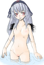 Rule 34 | 00s, 1girl, breasts, doll joints, enokids, hairband, joints, long hair, navel, nipples, no nipples, no pussy, nude, purple eyes, rozen maiden, silver hair, simple background, small breasts, solo, suigintou, wading, water, white background, wings