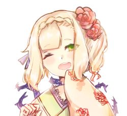 Rule 34 | 1girl, :o, blonde hair, braid, briar rose (sinoalice), flower, green eyes, hair between eyes, hair flower, hair ornament, highres, japanese clothes, kimono, long sleeves, one eye closed, open mouth, portrait, red flower, red rose, rico tta, rose, short hair, simple background, sinoalice, solo, teeth, thorns, white background, yellow kimono