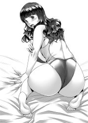 Rule 34 | 1girl, ass, ayato, back cutout, barefoot, bed sheet, blunt bangs, blush, clothing cutout, commentary, competition swimsuit, from behind, girls und panzer, greyscale, hand on own arm, highres, huge ass, kneeling, long hair, looking at viewer, looking back, monochrome, on bed, one-piece swimsuit, open mouth, solo, sweatdrop, swimsuit, takebe saori, textless version