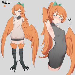 Rule 34 | 1girl, ?, absurdres, armpits, bird legs, bird tail, black sweater, blue eyes, blush, breasts, character name, commentary, dress, english commentary, green ribbon, grey background, hair ribbon, harpy, highres, long hair, monster girl, multiple views, orange feathers, orange hair, orange wings, original, pointy ears, ponytail, ribbed sweater, ribbon, simple background, sleeveless, sleeveless sweater, sleeveless turtleneck, small breasts, sol (thus0), sweater, sweater dress, tail, talons, thus0thus, turtleneck, turtleneck sweater, winged arms, wings