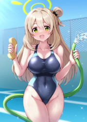 Rule 34 | 1girl, :d, ahoge, alternate costume, blue archive, blue sky, blurry, blurry background, blush, breasts, chain-link fence, cleavage, collarbone, competition swimsuit, covered navel, cowboy shot, day, depth of field, fence, green eyes, groin, highleg, highleg swimsuit, hiraga daidai, holding, hose, large breasts, long hair, looking at viewer, nonomi (blue archive), one-piece swimsuit, open mouth, outdoors, pool, poolside, sky, smile, solo, sparkle, swimsuit, water, wet