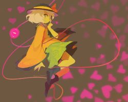 Rule 34 | 1girl, artist name, black footwear, black hat, blouse, boots, bow, closed mouth, floral print, from side, full body, green eyes, green skirt, grey hair, hat, hat bow, hat ribbon, heart, komeiji koishi, long sleeves, looking at viewer, looking to the side, no legwear, profile, ribbon, shirt, shoes, short hair, skirt, smile, solo, string, temmie chang, third eye, touhou, wide sleeves, yellow bow, yellow shirt