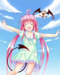 Rule 34 | 10s, 1girl, :d, ^ ^, ahoge, blue sky, closed eyes, cloud, day, demon tail, demon wings, dress, closed eyes, ffcreatyuuki, frills, hair ornament, highres, lala satalin deviluke, long hair, low twintails, necktie, open mouth, outstretched arms, peke, pink hair, short sleeves, sky, smile, tail, to love-ru, to love-ru darkness, twintails, wings, aged down