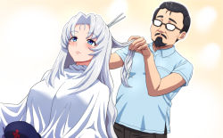 Rule 34 | 1boy, 1girl, beard, black hair, blue eyes, blue shirt, buttons, character request, collared shirt, commentary request, commission, cutting hair, facial hair, glasses, highres, kezune (i- -i), long hair, mustache, opaque glasses, pants, pixiv commission, scissors, shirt, short hair, short sleeves, touhou, white hair, yagokoro eirin