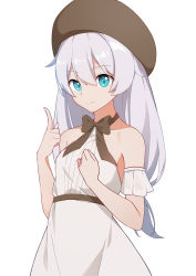 Rule 34 | 1girl, absurdres, bare shoulders, beret, blue eyes, brown hat, closed mouth, dress, hat, highres, honkai (series), honkai impact 3rd, long hair, looking at viewer, simple background, skysuy (2267420264), sleeveless, sleeveless dress, smile, solo, theresa apocalypse, white background, white dress