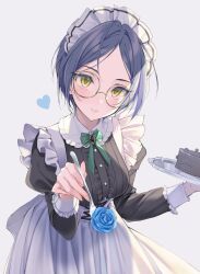 Rule 34 | 1girl, apron, black hair, blue flower, blue rose, bob cut, cake, flower, food, fork, frilled straps, glasses, hayami kanade, heart, highres, holding, holding fork, holding tray, idolmaster, idolmaster cinderella girls, incoming food, looking at viewer, maid apron, maid headdress, pink lips, q-v (levia), rose, round eyewear, short hair, smile, solo, tray, upper body, white background, yellow eyes