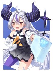Rule 34 | 1girl, absurdres, ahoge, ascot, bare shoulders, black horns, braid, braided bangs, detached sleeves, fang, food, grey hair, highres, hololive, horns, la+ darknesss, la+ darknesss (1st costume), long hair, looking at viewer, multicolored hair, open mouth, pointy ears, popsicle, purple hair, purple thighhighs, single thighhigh, smile, solo, streaked hair, striped horns, thighhighs, ugume, virtual youtuber, yellow ascot
