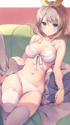 Rule 34 | 1girl, bare shoulders, bikini, blue eyes, blush, breasts, brown hair, choker, cleavage, collarbone, commentary request, flower, flower bracelet, hair between eyes, hair ribbon, hairband, highres, long hair, looking at viewer, medium breasts, original, parted lips, ribbon, solo, swimsuit, thighhighs, thighs, twitter username, white bikini, white choker, white flower, yellow flower, yellow hairband, yellow ribbon, yoshino ryou
