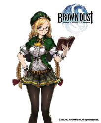Rule 34 | 1girl, arines (brown dust), arm ribbon, ascot, belt, belt buckle, beret, black ribbon, blonde hair, blue eyes, book, bow, braid, breasts, brown belt, brown dust, buckle, cape, capelet, center frills, closed mouth, copyright name, cowboy shot, frills, glasses, green cape, green hat, green skirt, hair bow, hand on own hip, hand up, hat, holding, holding book, ing9, legs apart, long hair, looking at viewer, medium breasts, miniskirt, open book, pantyhose, parted bangs, pleated skirt, puffy short sleeves, puffy sleeves, red-framed eyewear, red bow, ribbon, semi-rimless eyewear, shirt, short sleeves, simple background, skirt, smile, solo, standing, twin braids, under-rim eyewear, white background, white shirt, wrist cuffs