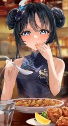 Rule 34 | black dress, black hair, blue archive, butterfly hair ornament, china dress, chinese clothes, chinese spoon, content rating, double bun, dragon print, dress, eating, food, fruit, hair bun, hair ornament, highres, holding, holding spoon, kisaki (blue archive), lemon, lemon slice, mapo tofu, restaurant, sleeveless, sleeveless dress, spoon, sushi maruu, tempura, twintails, upper body