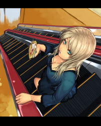 Rule 34 | 1girl, blue eyes, breasts, cleavage, crepe, dress, escalator, food, food on face, from above, large breasts, letterboxed, long hair, mustard seeds, original, solo, yuuji (and)