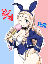Rule 34 | 1girl, animal ears, ass, black bow, black bowtie, blonde hair, blue jacket, blush, bow, bowtie, breasts, cleavage, closed mouth, dated, drill hair, fake animal ears, french flag, girls und panzer, green eyes, groin, hand fan, hand on own hip, jacket, leotard, long hair, looking at viewer, marie (girls und panzer), medium breasts, one eye closed, oosaka kanagawa, playboy bunny, rabbit ears, simple background, smile, solo, white leotard