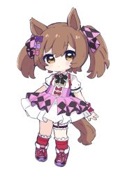 Rule 34 | 1girl, animal ears, black bow, blush, bow, brown eyes, brown hair, chibi, closed mouth, collared shirt, commentary request, dress shirt, frilled socks, frills, full body, hair between eyes, hair bow, high-waist skirt, highres, horse ears, horse girl, horse tail, kneehighs, looking at viewer, nozo (hitomiz), pink bow, pink skirt, pleated skirt, puffy short sleeves, puffy sleeves, purple bow, purple footwear, red socks, shirt, shoes, short sleeves, simple background, skirt, smart falcon (umamusume), socks, solo, standing, suspender skirt, suspenders, tail, twintails, umamusume, white background, white shirt, wrist cuffs