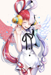 Rule 34 | 1girl, absurdres, bare shoulders, black ribbon, blush, breasts, buttons, closed eyes, commentary request, dress, fake wings, hair over one eye, hair rings, headphones, highres, long hair, medium breasts, mintes, multicolored hair, neck ribbon, one piece, one piece film: red, red hair, red wings, ribbon, simple background, single sleeve, sleeveless, sleeveless dress, smile, solo, split-color hair, teeth, twitter username, two-tone hair, uta (one piece), white background, white dress, white hair, white wings, wings
