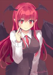 Rule 34 | &gt;:), 1girl, bat wings, between breasts, blush, breasts, collared shirt, colored eyelashes, commentary request, culter, dress shirt, eyelashes, hair between eyes, head wings, index finger raised, koakuma, large breasts, long hair, long sleeves, looking at viewer, necktie, necktie between breasts, one-hour drawing challenge, pointy ears, red background, red eyes, red hair, red necktie, shirt, simple background, skirt, skirt set, smile, solo, touhou, twitter username, v-shaped eyebrows, very long hair, vest, white shirt, wings