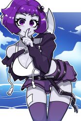 Rule 34 | 1girl, absurdres, bandaid on thigh, blue sky, bob cut, breasts, cleavage, colored skin, crop top, finger to mouth, grey skin, highres, holding, holding knife, hood, hoodie, knife, looking at viewer, midriff, mole, mole under eye, muds, neon violet, neon white, purple eyes, purple hair, purple nails, purple thighhighs, short hair, skirt, sky, smile, thighhighs, variant set