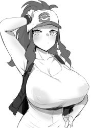 Rule 34 | 1girl, :c, areolae, armpits, baseball cap, black vest, blush, breasts, cleavage, closed mouth, collarbone, covered navel, creatures (company), erect nipples, game freak, hand on hip, hand on own head, hand up, hat, high ponytail, highres, hilda (pokemon), huge breasts, large areolae, looking at viewer, medium hair, megao 3rd, monochrome, nintendo, poke ball print, poke ball symbol, pokemon, pokemon (game), pokemon bw, print headwear, see-through, see-through shirt, shirt, sidelocks, simple background, sleeveless, sleeveless shirt, solo, taut clothes, taut shirt, tight, upper body, vest, white background, wristband