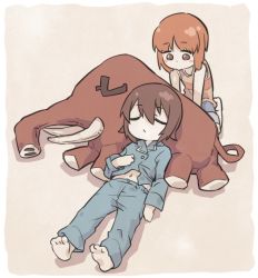 Rule 34 | 2girls, aged down, brown hair, closed eyes, girls und panzer, looking at another, lying, monolith (suibou souko), multiple girls, navel, nishizumi maho, nishizumi miho, on back, short hair, shorts, simple background, sleeping, soles, stuffed toy