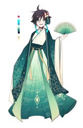 Rule 34 | 1boy, absurdres, androgynous, black hair, blue hair, blush, braid, chinese clothes, color guide, commentary, english commentary, floral print, flower, folding fan, full body, genshin impact, gradient hair, green eyes, hair flower, hair ornament, hand fan, hanfu, hat, hat flower, highres, holding, holding fan, long sleeves, looking at viewer, male focus, multicolored hair, nekojinnyart, open mouth, short hair with long locks, side braids, sidelocks, simple background, smile, solo, twin braids, venti (genshin impact), white background, white flower, wide sleeves