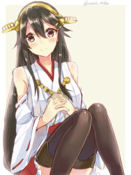 Rule 34 | 10s, 1girl, bare shoulders, beige background, black hair, blush, boots, brown eyes, detached sleeves, hair ornament, hairclip, haruna (kancolle), headgear, interlocked fingers, kantai collection, knees together feet apart, long hair, maruki (punchiki), nontraditional miko, ribbon-trimmed sleeves, ribbon trim, simple background, smile, solo, thigh boots, thighhighs, twitter username, yellow background
