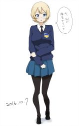 Rule 34 | 10s, 1girl, artist request, black footwear, black pantyhose, blonde hair, blue eyes, blue skirt, darjeeling (girls und panzer), dated, full body, girls und panzer, highres, loafers, looking at viewer, pantyhose, pleated skirt, school uniform, shadow, shoes, short hair, simple background, skirt, solo, standing, text focus, white background
